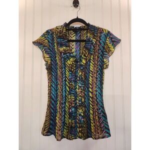 East 5th Womens Ruffle V-Neck  Multicolor Sheer Chiffon Button Up Blouse Size M